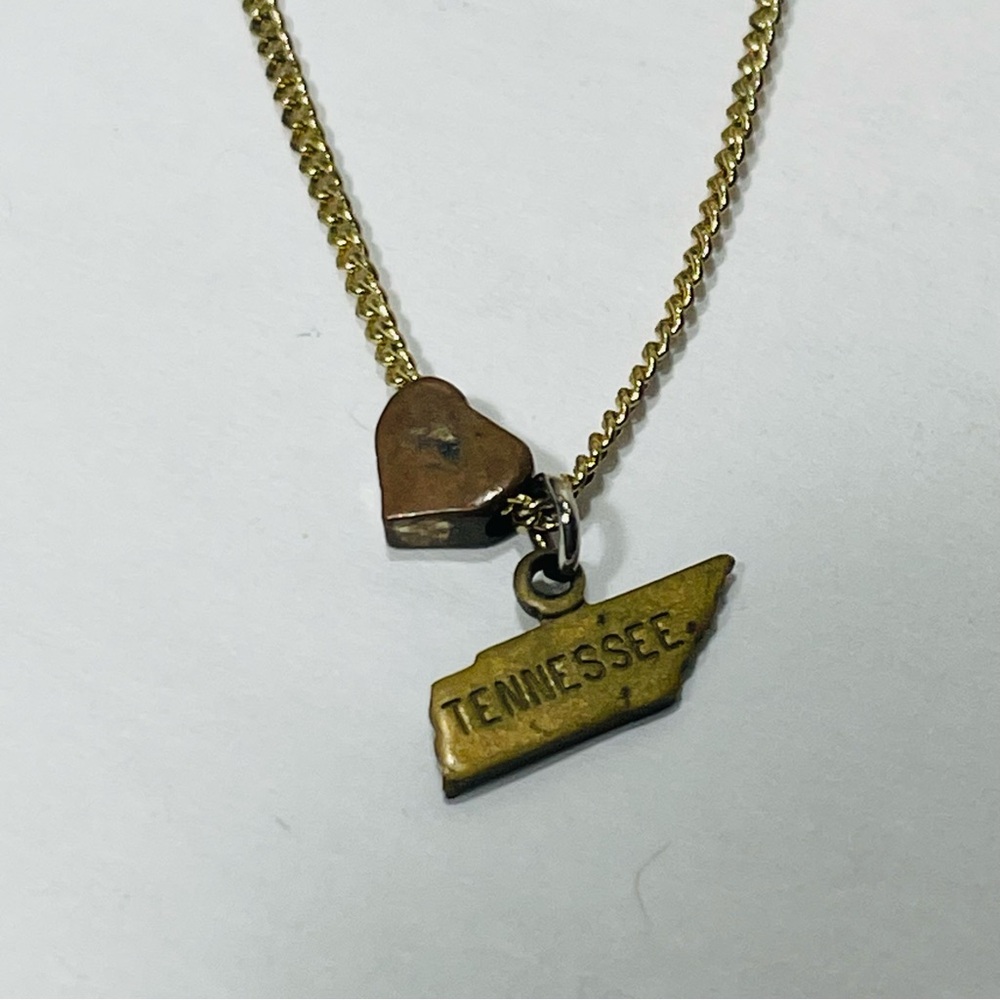 Tennessee State Shaped Pendant Necklace with Heart Slider Brass / Gold Tone 18”